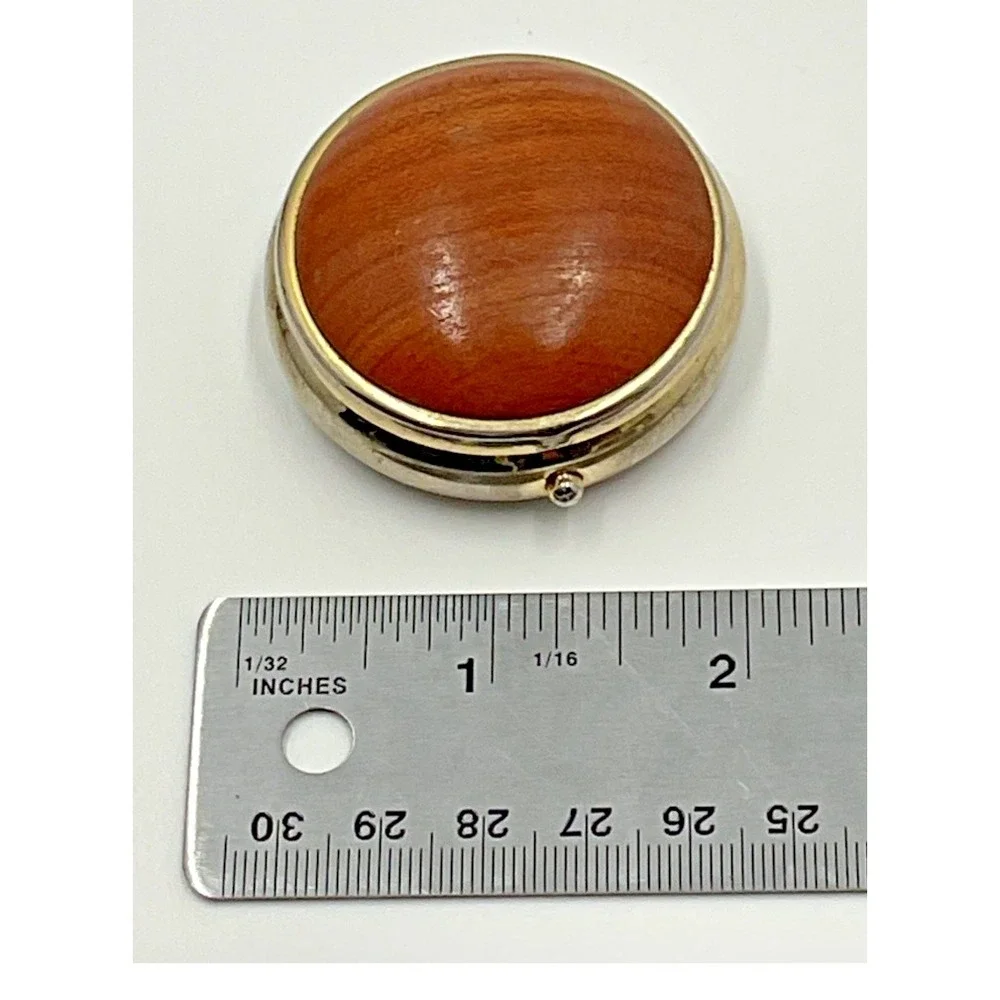 Vintage Round Pill Box Wood Inlay Gold‎ Tone 3-Compartment